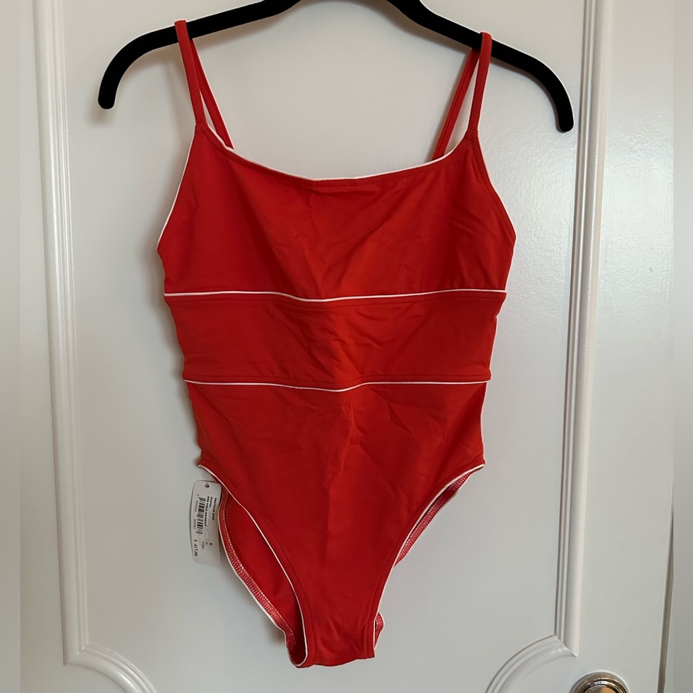 Red One-Piece Swimsuit with White Piping
